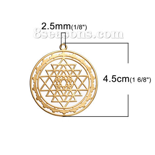 真鍮 シュリヤントラ瞑想 ペンダント 金メッキ 透かし 45mmx 40mm、 1 個 の画像