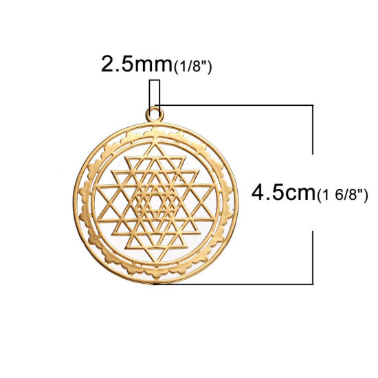 真鍮 シュリヤントラ瞑想 ペンダント 金メッキ 透かし 45mmx 40mm、 1 個 の画像