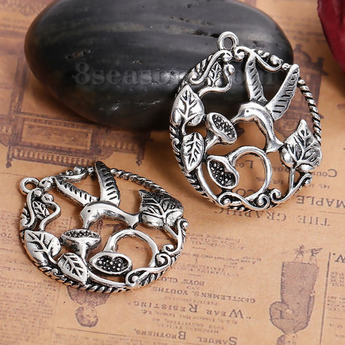 Immagine di Lega di Zinco Ciondoli Colibrì Argento Antico Fiore Filigrana 34mm x 30mm , 5 Pz