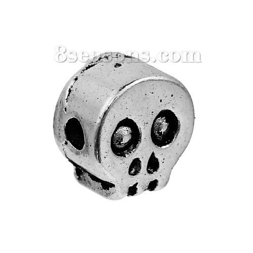 Image de Perles en Alliage de Zinc Halloween Tête de Mort Argent Vieilli 7mm x 7mm, Taille de Trou: 1.7mm, 20 Pcs