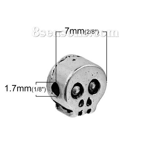 Image de Perles en Alliage de Zinc Halloween Tête de Mort Argent Vieilli 7mm x 7mm, Taille de Trou: 1.7mm, 20 Pcs