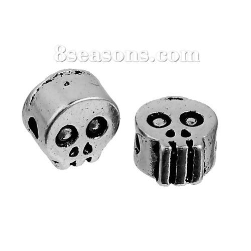 Image de Perles en Alliage de Zinc Halloween Tête de Mort Argent Vieilli 7mm x 7mm, Taille de Trou: 1.7mm, 20 Pcs