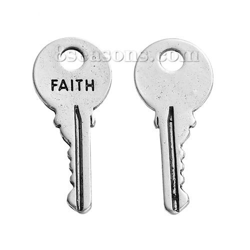 Immagine di Lega di Zinco Charms Chiave Argento Antico Lettere " FAITH " 25mm x 11mm , 20 Pz