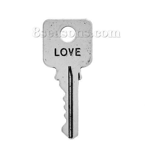 Immagine di Lega di Zinco Charms Chiave Argento Antico Lettere " LOVE " 25mm x 10mm , 20 Pz