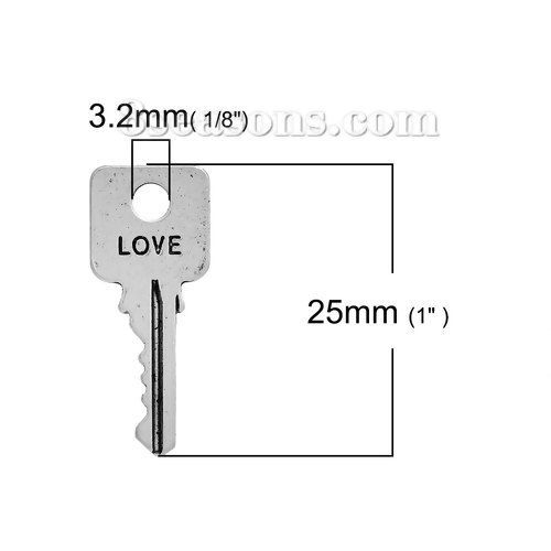 Immagine di Lega di Zinco Charms Chiave Argento Antico Lettere " LOVE " 25mm x 10mm , 20 Pz