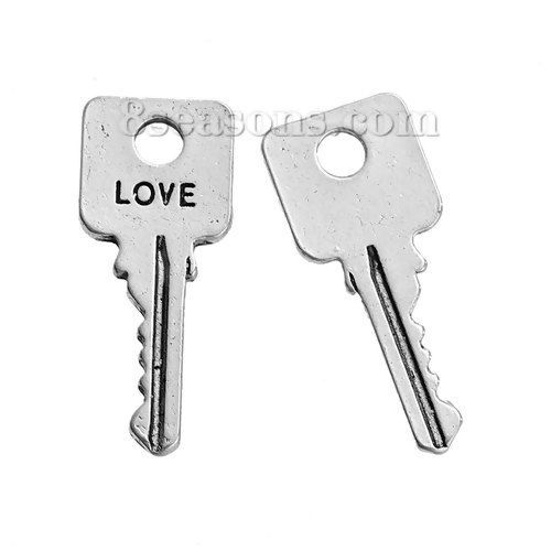 Immagine di Lega di Zinco Charms Chiave Argento Antico Lettere " LOVE " 25mm x 10mm , 20 Pz