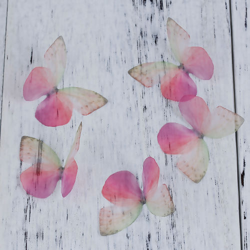 Picture of Organza For DIY & Craft Fuchsia & Yellow Ethereal Butterfly 50mm(2") x 35mm(1 3/8"), 5 PCs