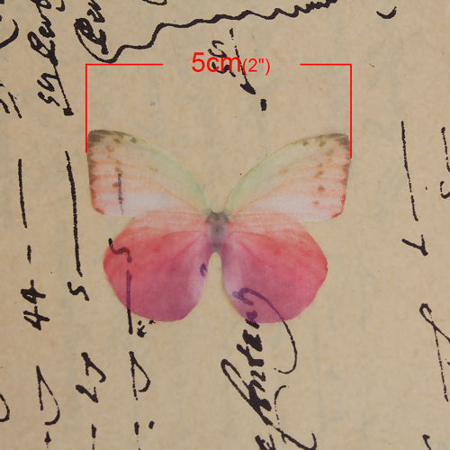 Picture of Organza For DIY & Craft Fuchsia & Yellow Ethereal Butterfly 50mm(2") x 35mm(1 3/8"), 5 PCs