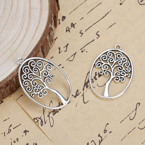 Picture of Zinc Based Alloy Pendants Round Antique Silver Color Tree Hollow 40mm(1 5/8") x 27mm(1 1/8"), 10 PCs