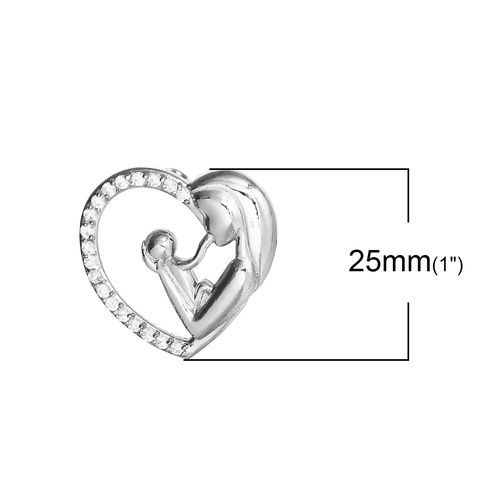 真鍮 チャーム 母と子供 シルバートーン ハート 透かし 25mmx 24mm、 1 個 の画像