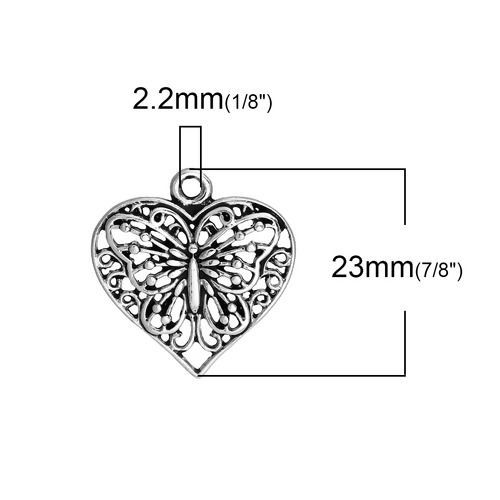 亜鉛合金 チャーム ハート 銀古美 蝶 透かし 23mmx 22mm、 10 個 の画像