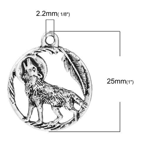 亜鉛合金 チャーム オオカミ 銀古美 円形 25mmx 21mm、 20 個 の画像
