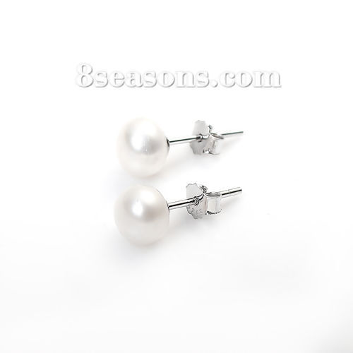 Image de Boucles d'Oreilles Puces en 925 Argent Pur & Perles d'eau douce Blanc Rond 7mm - 6mm Dia, Epaisseur de Fil: (20 gauge), 1 Paire