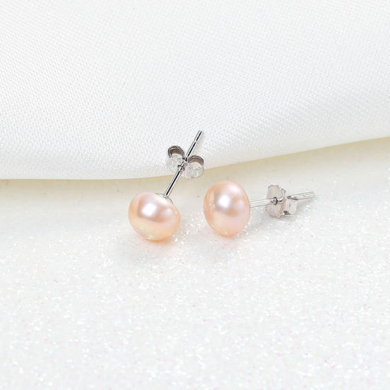 Image de Boucles d'Oreilles Puces en 925 Argent Pur & Perles d'eau douce Blanc Rond 7mm - 6mm Dia, Epaisseur de Fil: (20 gauge), 1 Paire