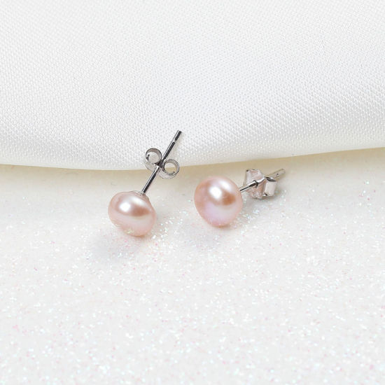 Image de Boucles d'Oreilles Puces en 925 Argent Pur & Perles d'eau douce Blanc Rond 7mm - 6mm Dia, Epaisseur de Fil: (20 gauge), 1 Paire