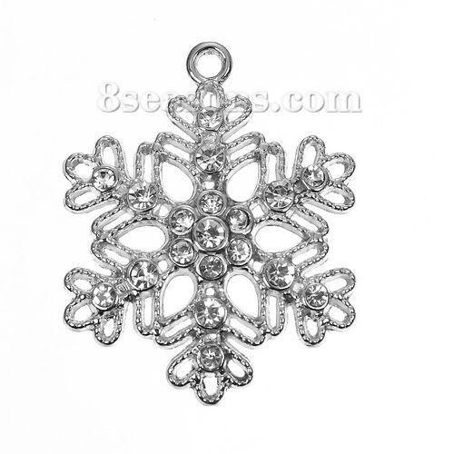 Image de Pendentifs en Alliage de Zinc Flocon de Neige de Noël Argent Mat à Strass Transparent 40mm x 32mm, 5 Pcs