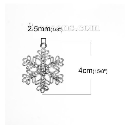 Image de Pendentifs en Alliage de Zinc Flocon de Neige de Noël Argent Mat à Strass Transparent 40mm x 32mm, 5 Pcs