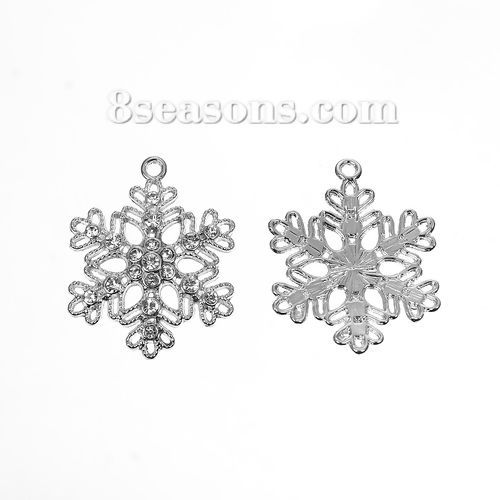 Image de Pendentifs en Alliage de Zinc Flocon de Neige de Noël Argent Mat à Strass Transparent 40mm x 32mm, 5 Pcs