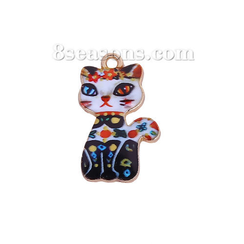 Bild von Zinklegierung Charms Katze Vergoldet Bunt Emaille 23mm x 14mm, 10 Stück