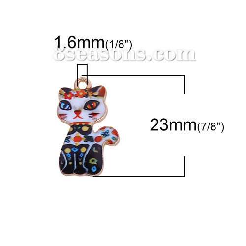 Bild von Zinklegierung Charms Katze Vergoldet Bunt Emaille 23mm x 14mm, 10 Stück