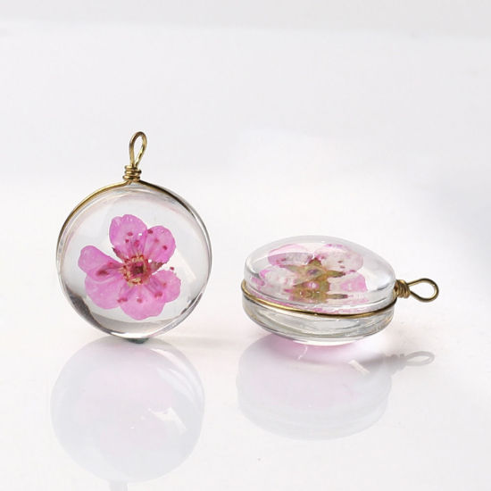 Image de Breloques en Laiton+Verre Rond Fleur Séchée Rose Transparent 19mm x 14mm, 2 Pcs