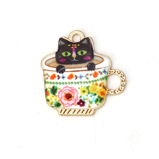 Picture of Zinc Based Alloy Charms Cup Gold Plated Multicolor Cat Enamel 23mm( 7/8") x 23mm( 7/8"), 10 PCs