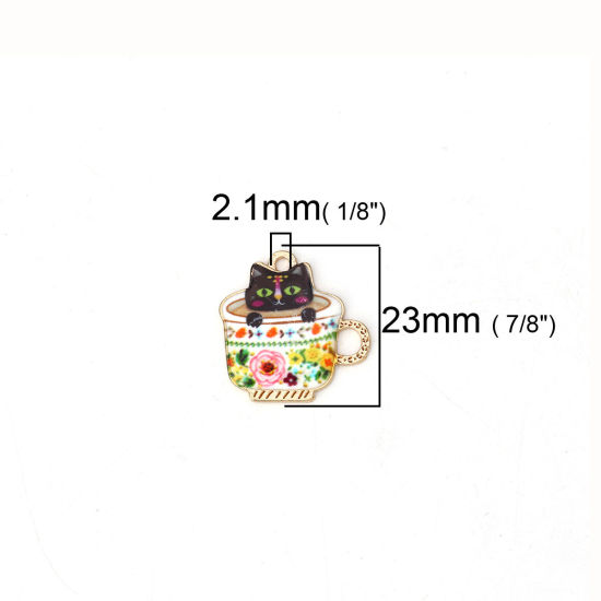 Picture of Zinc Based Alloy Charms Cup Gold Plated Multicolor Cat Enamel 23mm( 7/8") x 23mm( 7/8"), 10 PCs
