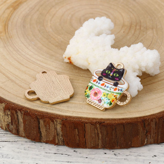 Picture of Zinc Based Alloy Charms Cup Gold Plated Multicolor Cat Enamel 23mm( 7/8") x 23mm( 7/8"), 10 PCs