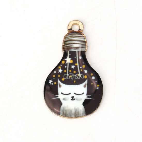 Imagen de Zamak Colgantes Charms Bombilla Chapado en Oro Negro Gato Esmalte 28mm x 17mm, 10 Unidades