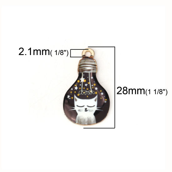 Imagen de Zamak Colgantes Charms Bombilla Chapado en Oro Negro Gato Esmalte 28mm x 17mm, 10 Unidades