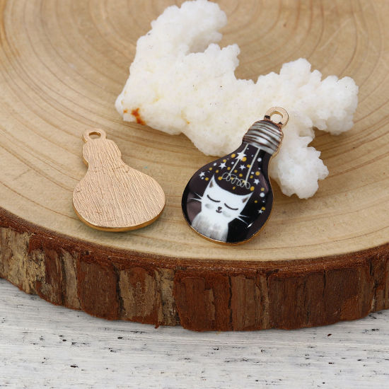 Imagen de Zamak Colgantes Charms Bombilla Chapado en Oro Negro Gato Esmalte 28mm x 17mm, 10 Unidades
