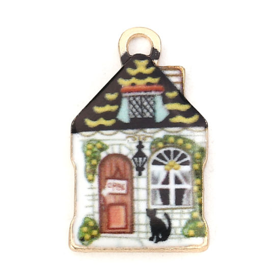 Bild von Zinklegierung Charms Haus Vergoldet Bunt Emaille 22mm x 13mm, 10 Stück