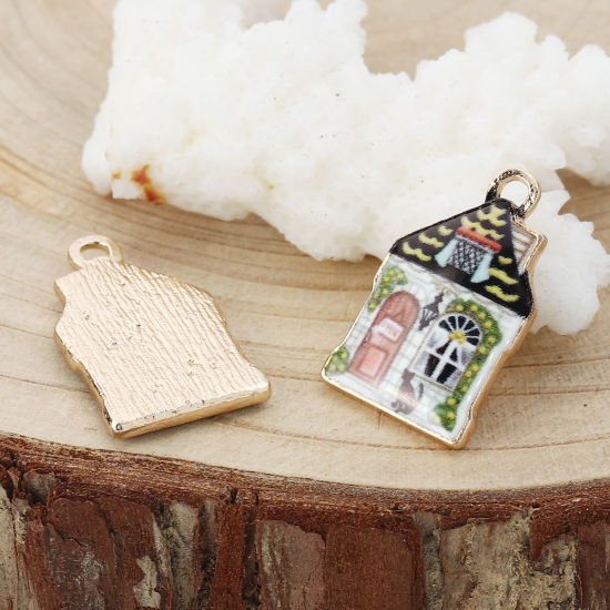 Bild von Zinklegierung Charms Haus Vergoldet Bunt Emaille 22mm x 13mm, 10 Stück