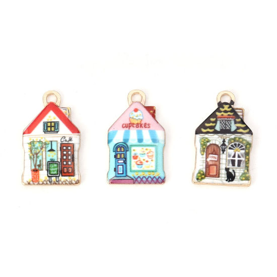 Bild von Zinklegierung Charms Haus Vergoldet Bunt Emaille 22mm x 13mm, 10 Stück