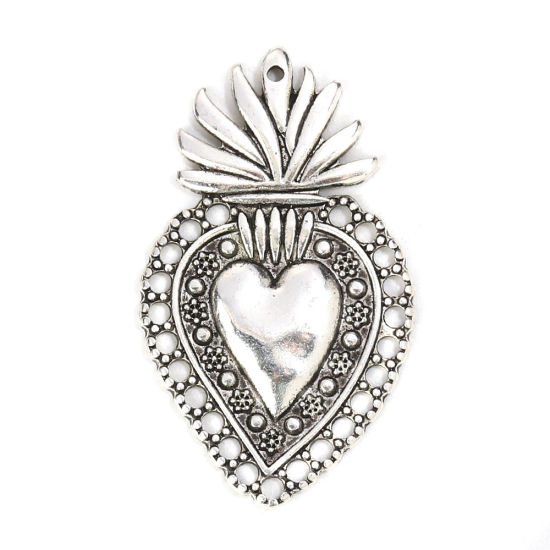 Bild von Zinklegierung Anhänger Ex Voto Herz Antiksilber 41mm x 24mm, 5 Stück