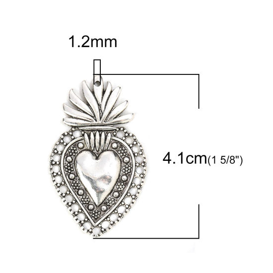 Bild von Zinklegierung Anhänger Ex Voto Herz Antiksilber 41mm x 24mm, 5 Stück