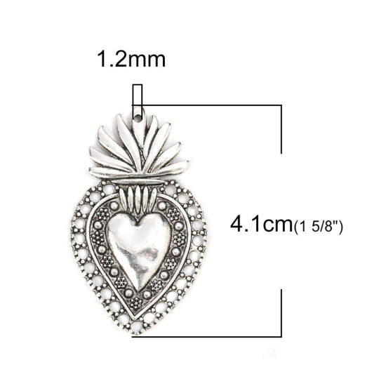 Bild von Zinklegierung Anhänger Ex Voto Herz Antiksilber 41mm x 24mm, 5 Stück