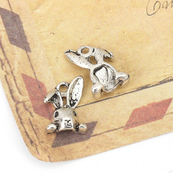 Imagen de Zamak Colgantes Charms Conejo Plata Antigua (Apta ss5 Pointed Back Rhinestone) 14mm x 9mm, 50 Unidades