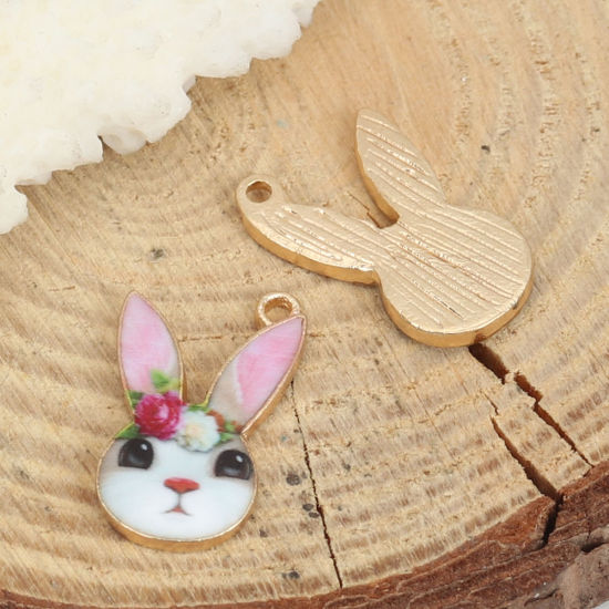 Bild von Zinklegierung Charms Hase KC Vergoldet Hellrosa Emaille 19mm x 11mm, 10 Stück