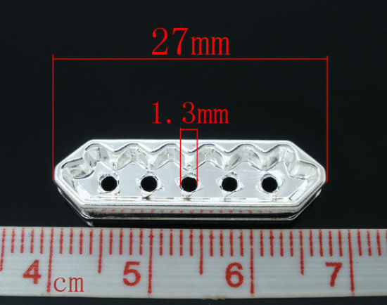 Bild von Zinklegierung + Strass Zwischenperlen Spacer Perlen Rechteck Versilbert Weiß Strass mit Strass ca. 27mm x 7.5mm, Loch:ca. 1.3mm, 10 Stück