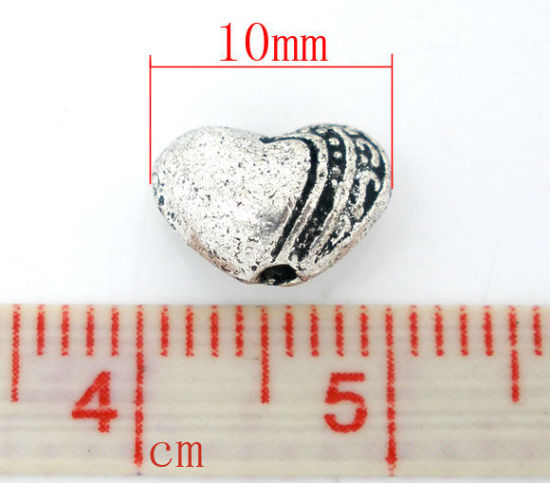 Immagine di Lega di Zinco Perline Cuore Argento Antico Intagliato Colore Placcato Come 10mmx 7mm, Foro: circa 1.1mm, 50 Pz