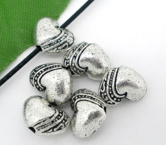 Immagine di Lega di Zinco Perline Cuore Argento Antico Intagliato Colore Placcato Come 10mmx 7mm, Foro: circa 1.1mm, 50 Pz