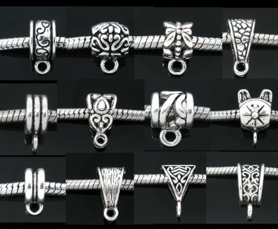 Picture of Zinc Based Alloy European Style Bail Beads Mixed At Random Antique Silver Color 12mmx6mm - 15mmx10mm, 100 PCs