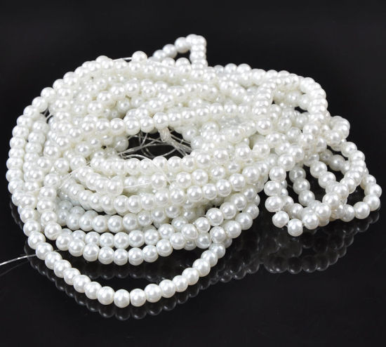 Image de Perles Imitation en Verre Rond Blanc Nacré 6mm Dia, Taille de Trou: 1mm, 82cm long, 5 Enfilades (Env.145 Pcs/Enfilade)