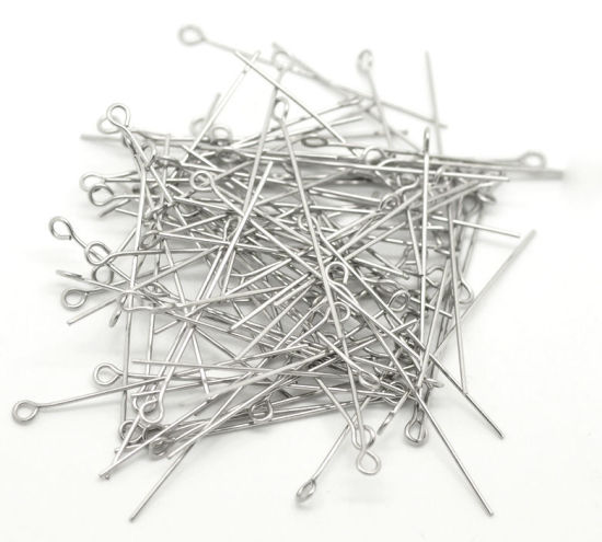 Image de Aiguille Clou Tige à Œil en 304 Acier Inoxydable Argent Mat 4cm long, 0.7mm Gros (21 gauge), 200 PCs