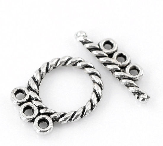 亜鉛合金 トグルクラスプ マンテル 円形 銀古美 ストライプ 16mm x 12mm 18mm x 5mm 、 30 セット の画像