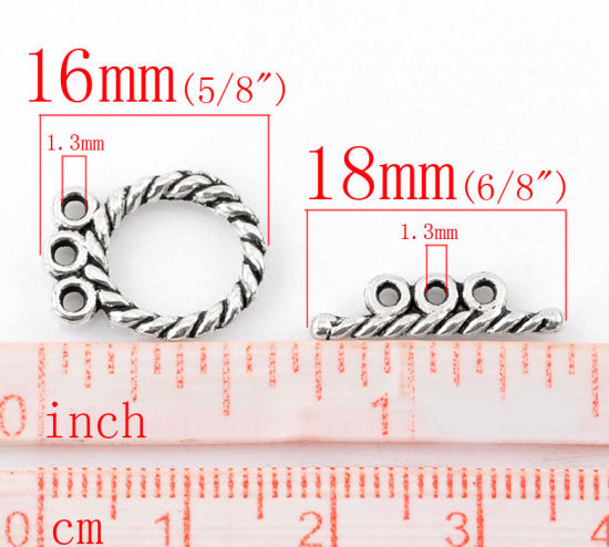 亜鉛合金 トグルクラスプ マンテル 円形 銀古美 ストライプ 16mm x 12mm 18mm x 5mm 、 30 セット の画像