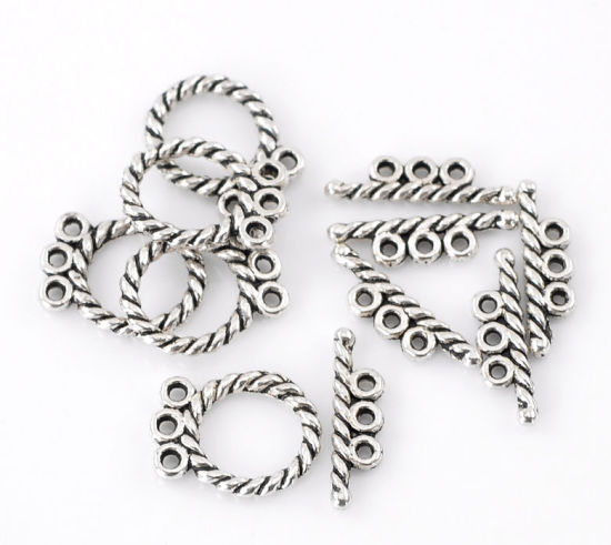 亜鉛合金 トグルクラスプ マンテル 円形 銀古美 ストライプ 16mm x 12mm 18mm x 5mm 、 30 セット の画像