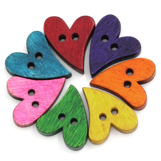 Image de Bouton de Couture en Bois Naturel 2 Trous Cœur Couleur au Hasard 21mm x 17mm, 100 PCs