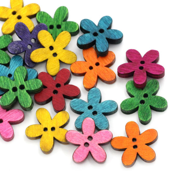 ウッド ボタン 花  ランダムな色 二つ穴 20mm x 19mm、 100 個 の画像